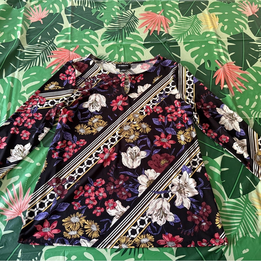 Liz Claiborne Career Floral 3/4 Sleeves Tunic Top Blouse M